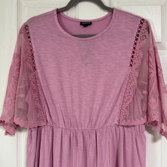 Torrid New Mauve Knit Crew Neck Lace Dolman Sleeve Baby Doll Top Size 1 - Picture 2 of 16